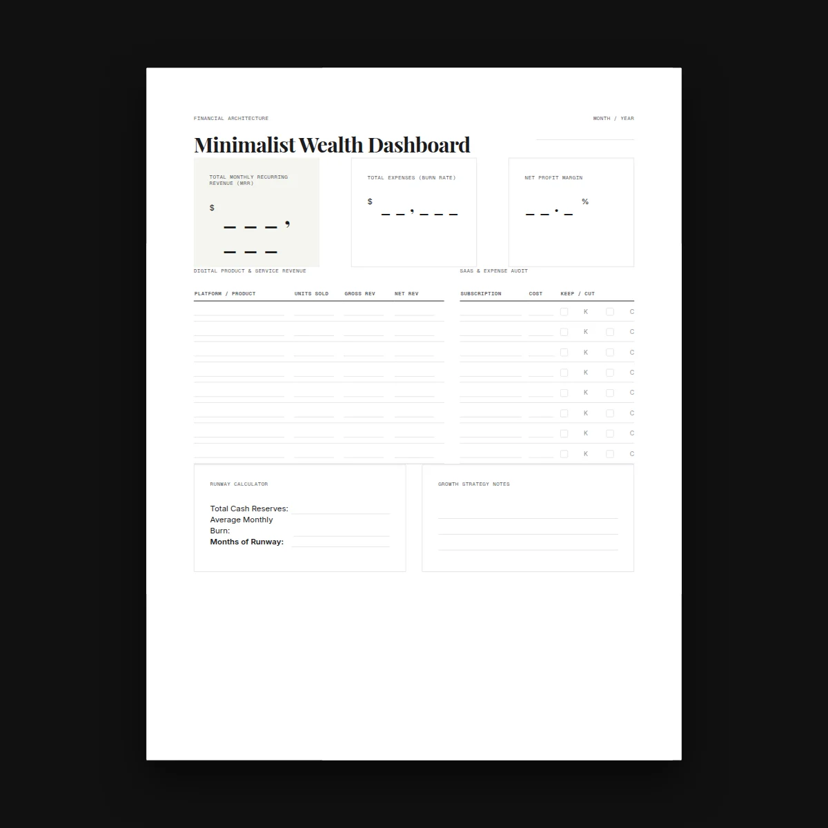 Minimalist Wealth Dashboard — Digital Planners
